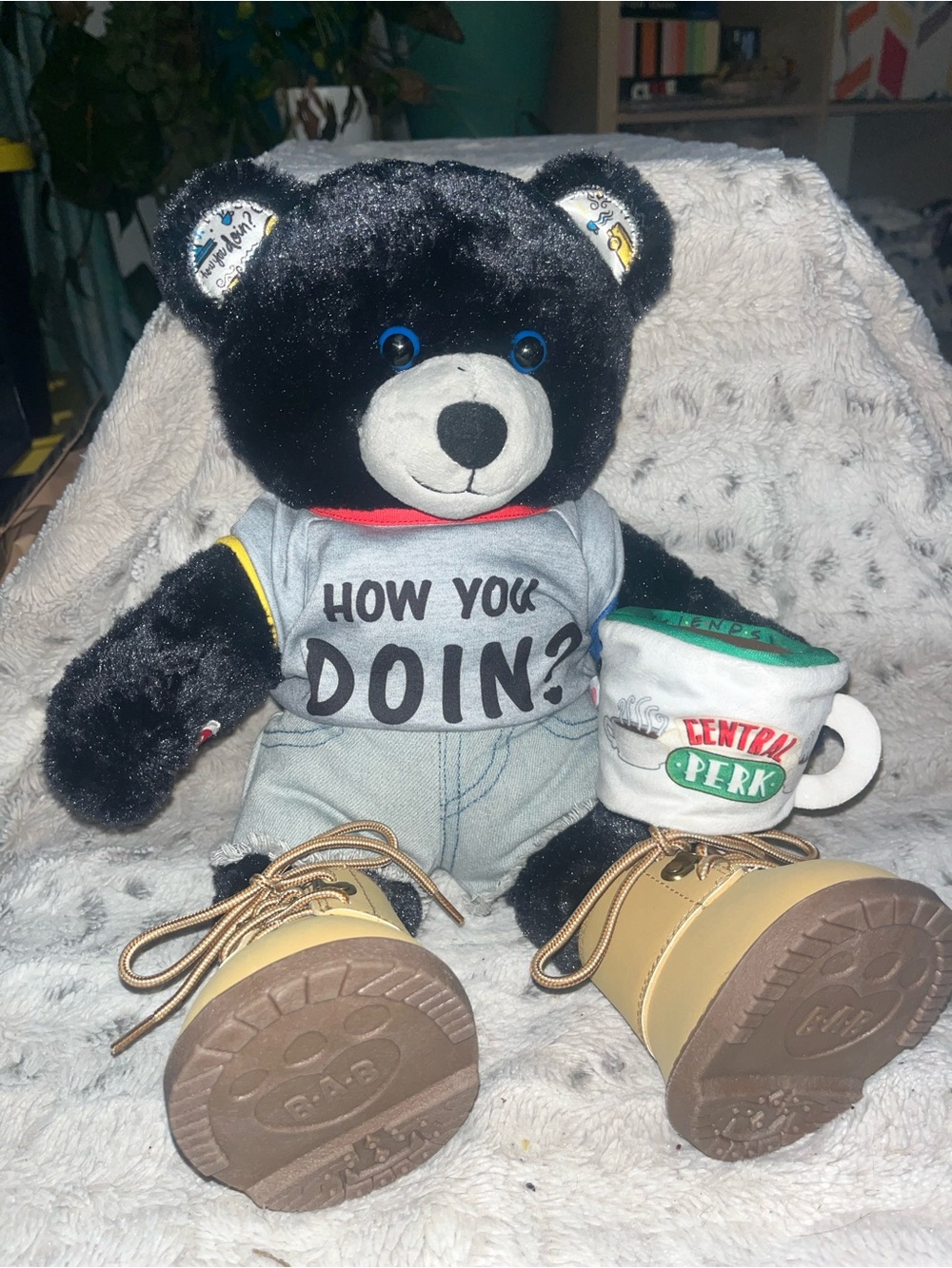Build-A-Bear Black Plush Bear with Gray 'How You Doin?' Tee and Tan Boots
